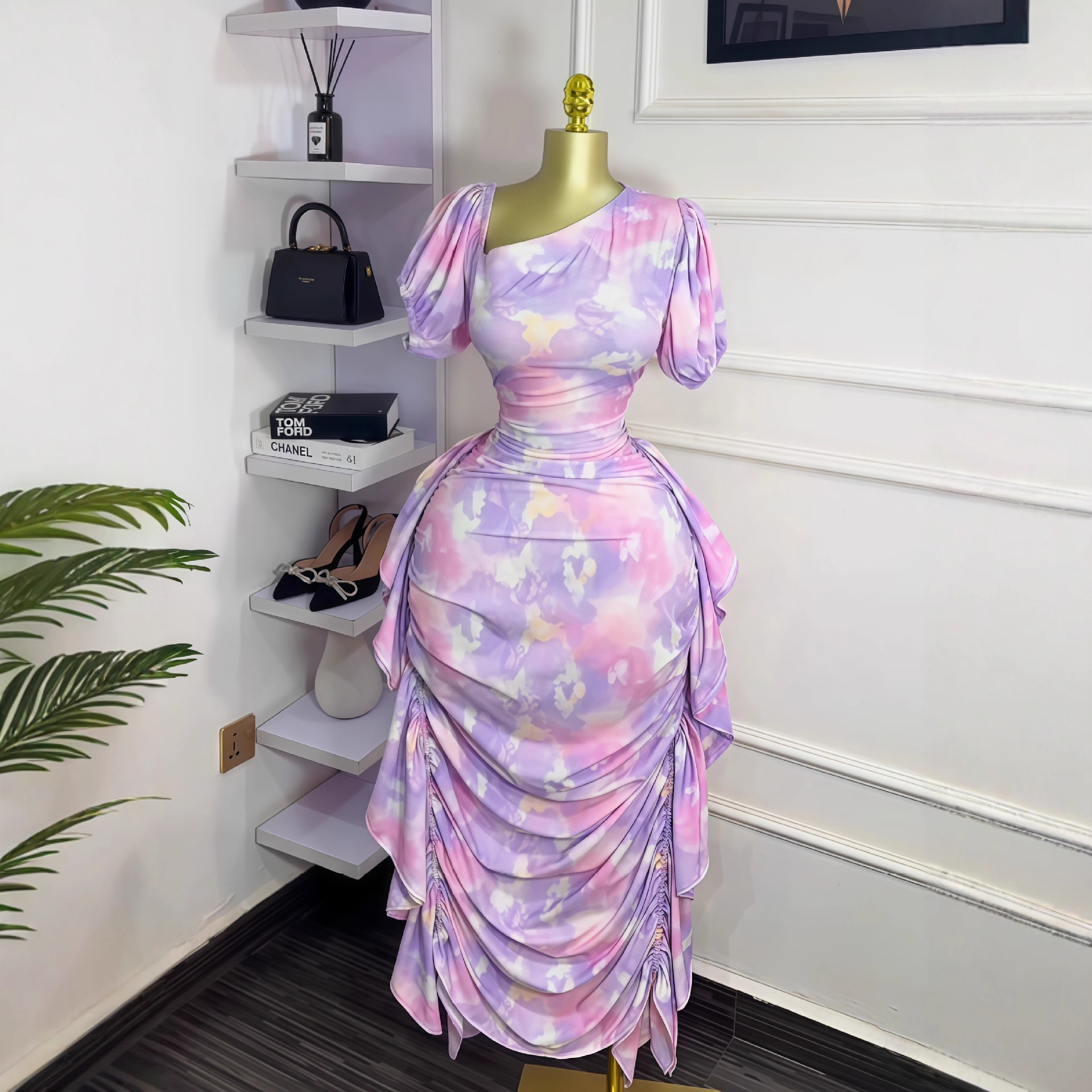 New European And American Shoulder Printed Bodycon Dress With Puff Sleeves And Ruffled Hem