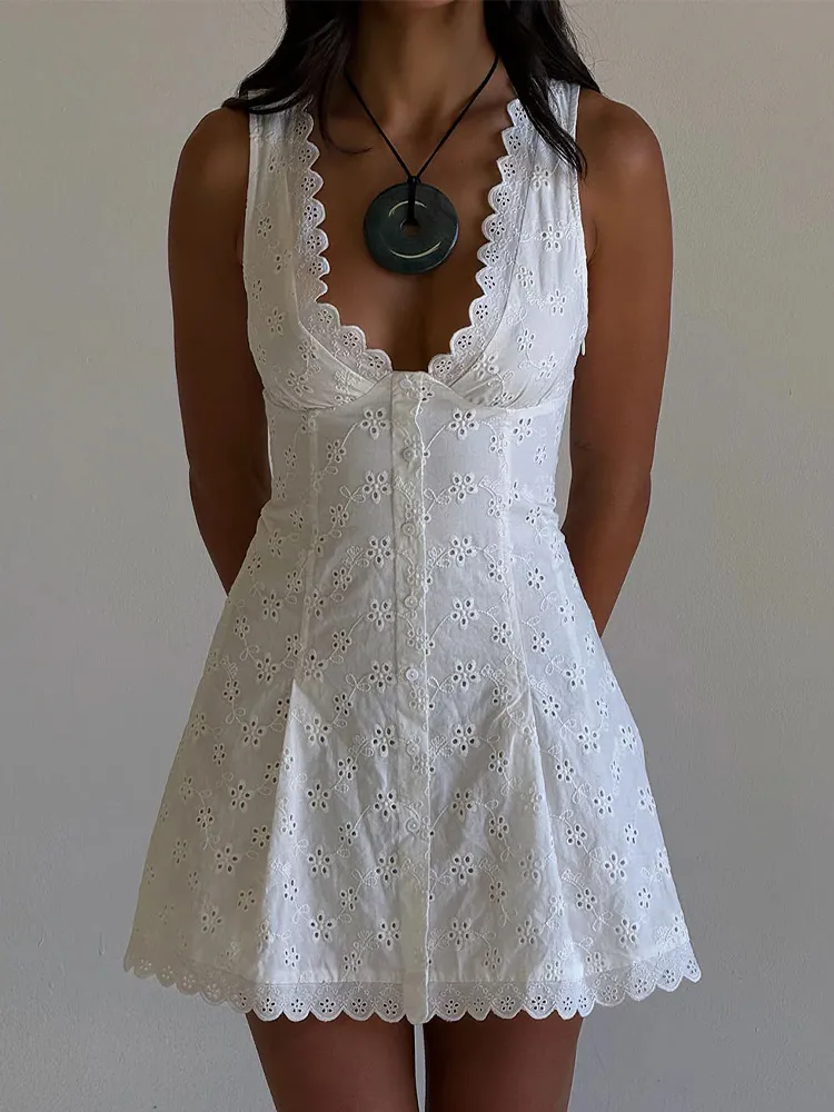 Hollow Solid Color Waist Tight Sleeveless Vest Skirt - White