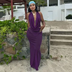 Headscarf Lace-up Vest Deep V Pile Collar Sexy Dress Three-piece Set For Women - Purple - View 1