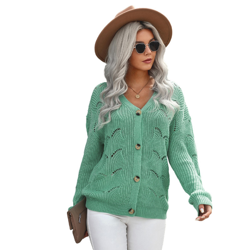 Women's Solid Color Hollow-out Breasted V-neck Knitted Top