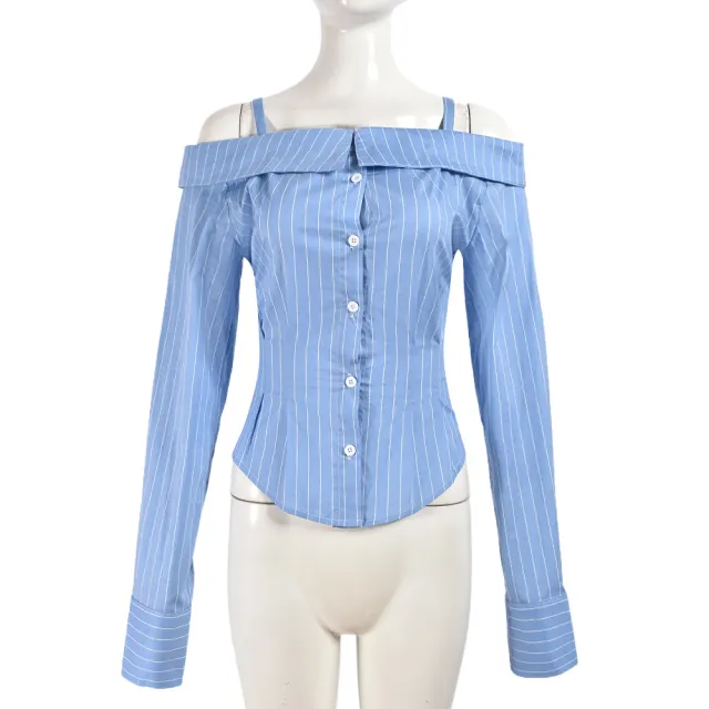 Style Women's Clothing Shirt Long Sleeve Off the shoulder Shirt Women Blue - Shop at LoveMi