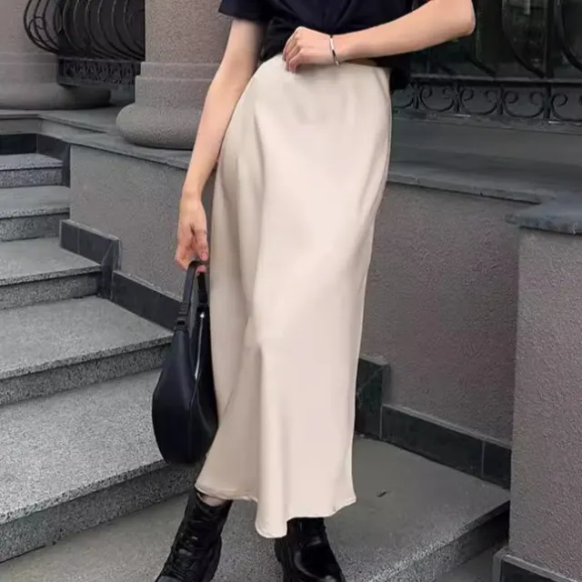 European And American Autumn And Winter New Imitation Acetate Satin High Waist A Line Skirt Commuting Elegant Long Skirt Khaki - Shop at LoveMi