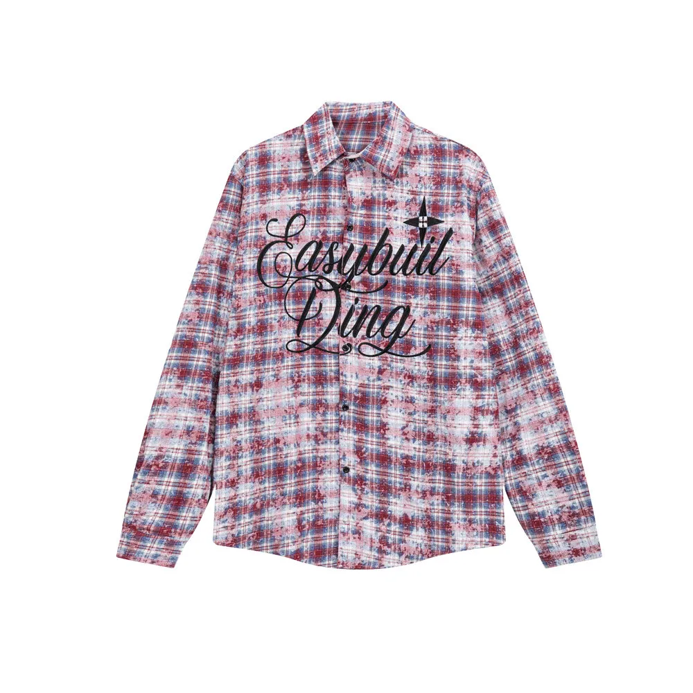 Punk Distressed Washed Loose Long-sleeved Plaid Shirt - Red