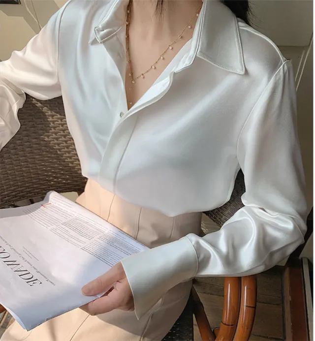 Women's Satin New Design Sense V neck Silk Acetate White Shirt White - Shop at LoveMi