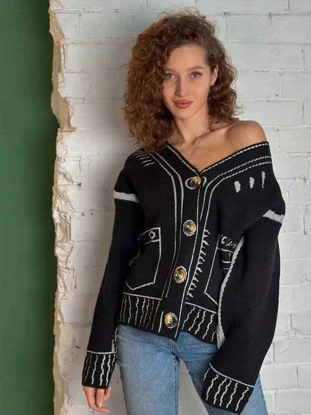 Sweater Decoration Pocket Contrast Color Cardigan Women's Clothes Black - Shop at LoveMi