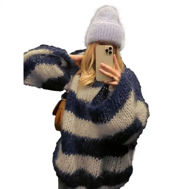 Crew neck Contrast striped Loose fit Casual Chic Versatile Knit Pullover Mixed Color S - Shop at LoveMi