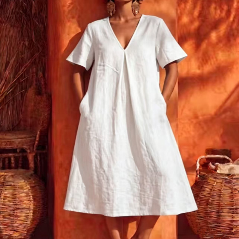Womens V-neck Short-sleeve Retro Loose-fit Cotton-linen Dress