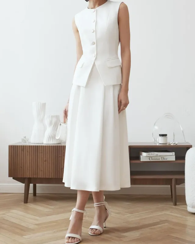 Button Sleeveless Suit Vest High Waist Skirt White - Shop at LoveMi