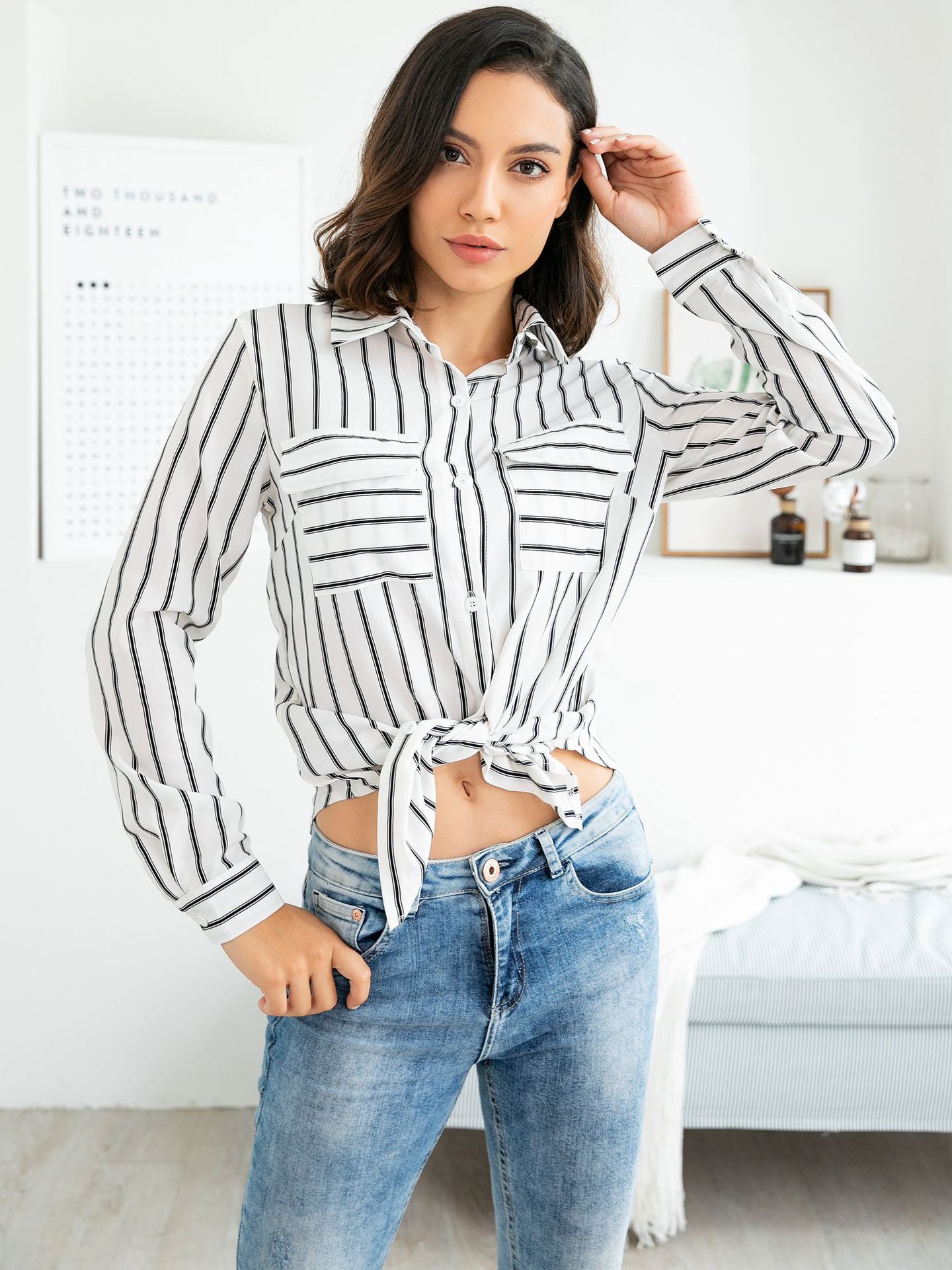 Title 10, Sexy vertical stripe shirt V-Neck long sleeve t...