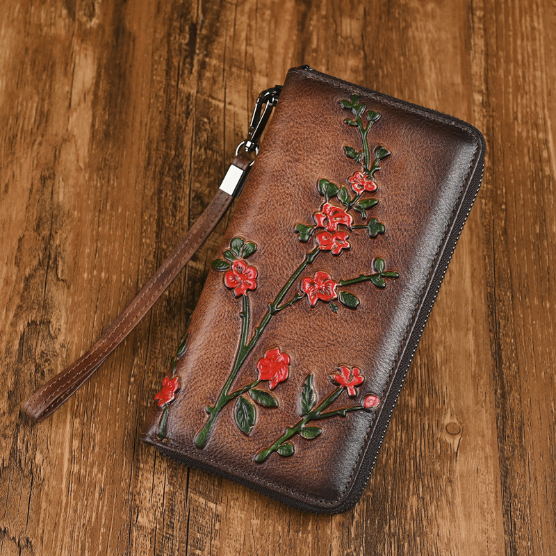 Portefeuille long en cuir véritable pour femme – Motif gravé vintage, nombreux rangements