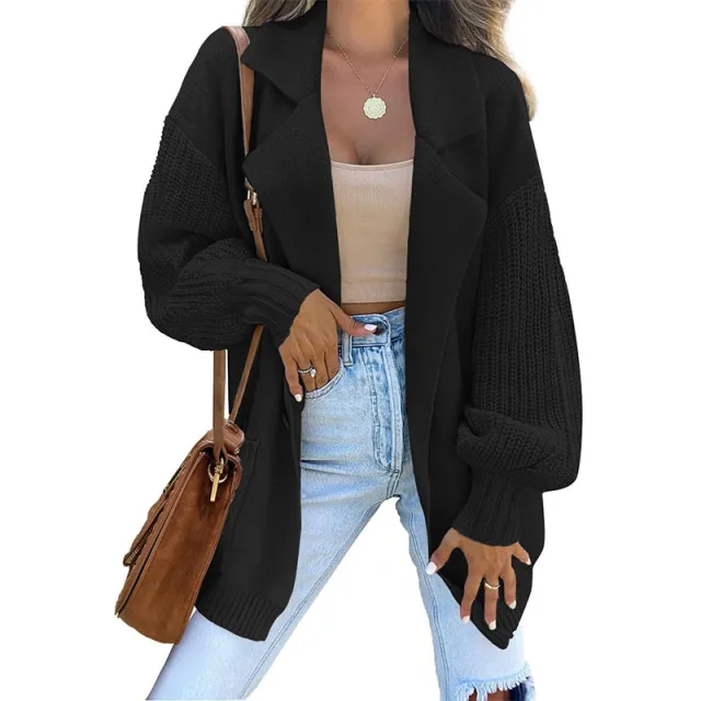 Cardigan Suit Collar Long Sleeve Knitted Fall Winter Fashion Sweater Black - Shop at LoveMi