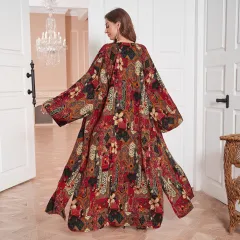 Middle East Dress Shawl Arabic Drop-shoulder Sleeve Printed Robe - Red - View 1