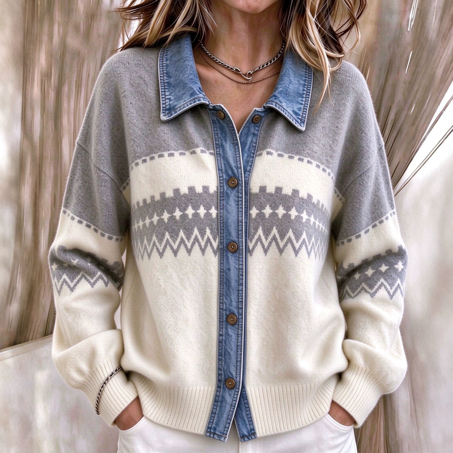 Womens Cowboy Jacquard Patchwork Lapel Knit Cardigan Sweater