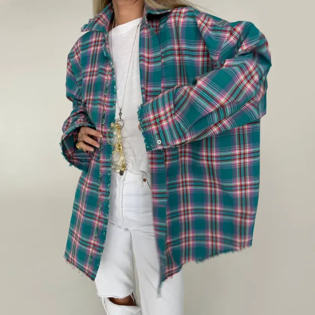 Retro Fashion Color Contrast Plaid Shirt Plaid L - Shop at LoveMi