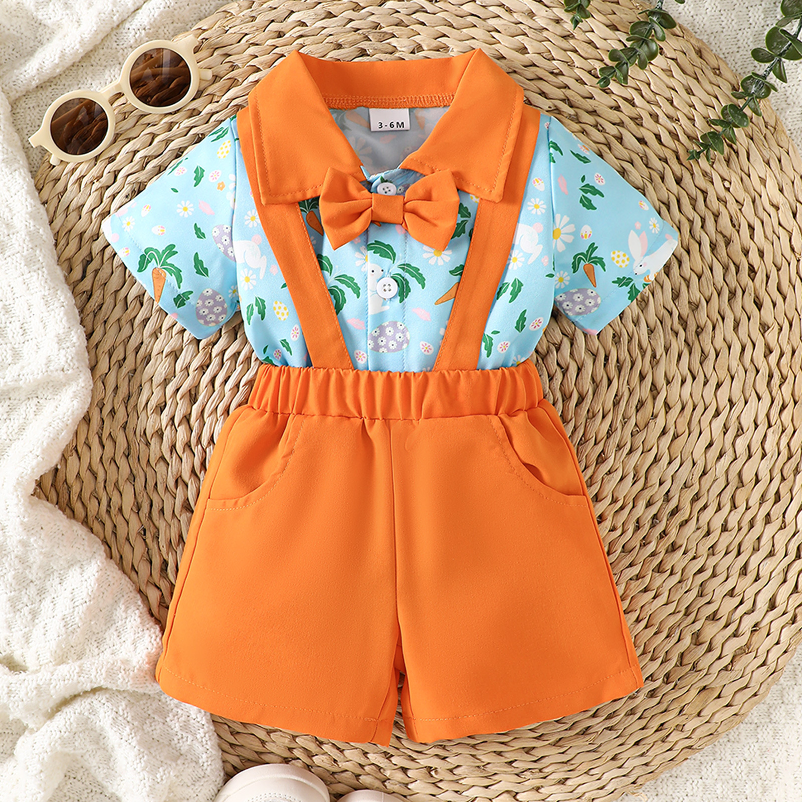 Printed Short-Sleeve Lapel Romper And Suspender Pants Set