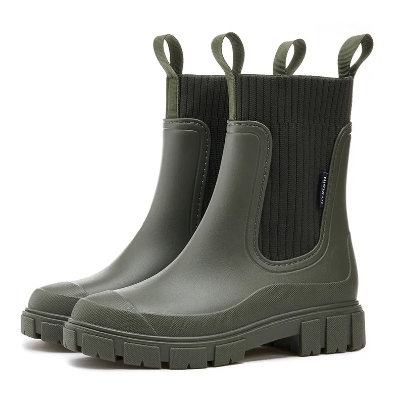 Wear-resistant Height Increasing Waterproof Non-slip Outdoor Wearable Elastic Band Women's Rain Boots - Green