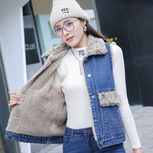 Women's Casual Plaid Plush Denim Cotton Vest Blue - Shop at LoveMi