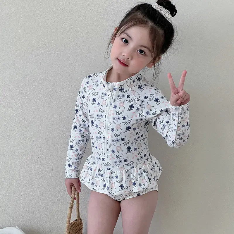 Girls' Long-sleeved Floral One-piece Swimsuit