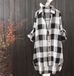 Korean Style Sun-protection Clothing Shirt Women's Mid-length Plus Size - Black And White Plaid - View 1