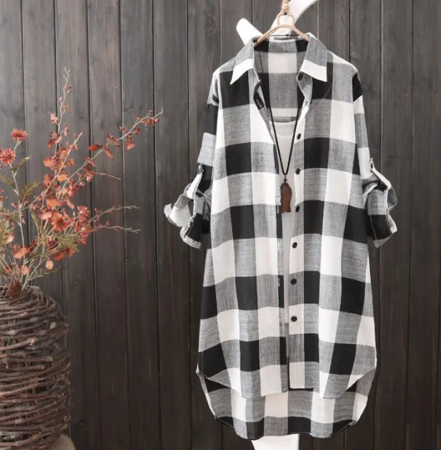 Korean Style Sun protection Clothing Shirt Women's Mid length Plus Size Black And White Plaid - Shop at LoveMi