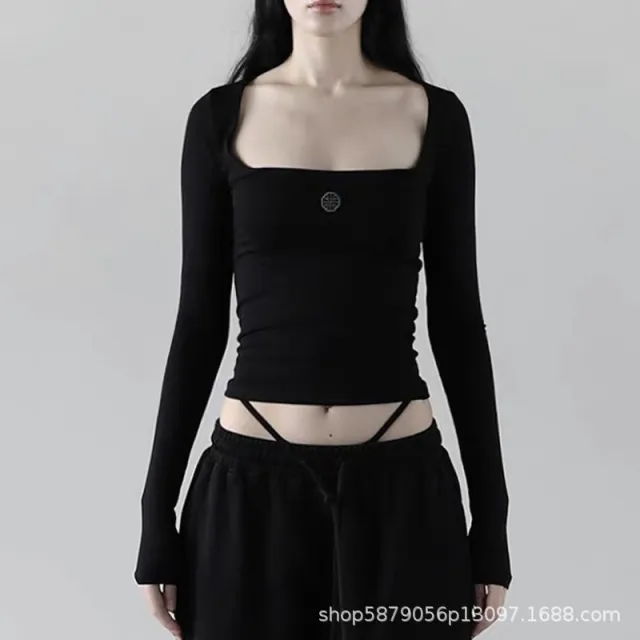Morandi Color Square Neck T shirt Slim fit American Dancing Top Black - Shop at LoveMi