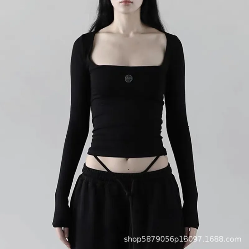 Morandi Colour Square Neck T-shirt Slim-fit American Dancing Top - Black