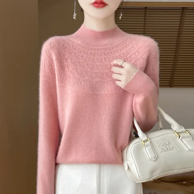 Front Line Ready made Garments Half collar Wool Sweater Women's Inner Wearing Hollow out Loose Knitted Base Pink - Shop at LoveMi