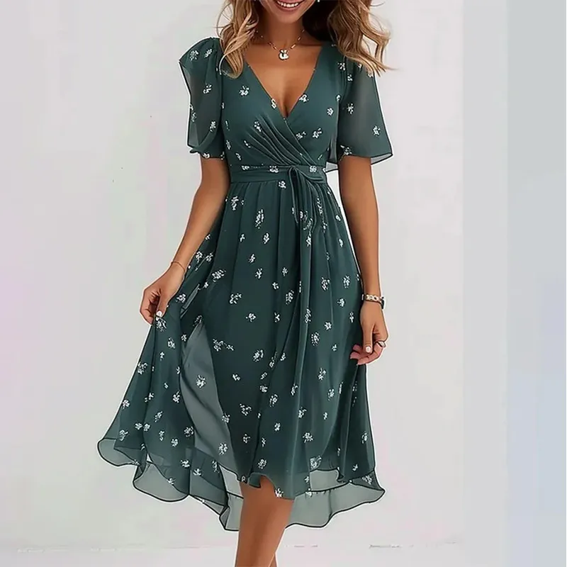 Flowers Printed V-neck Dress Summer A-line Short-sleeved Dresses For Women - Blue