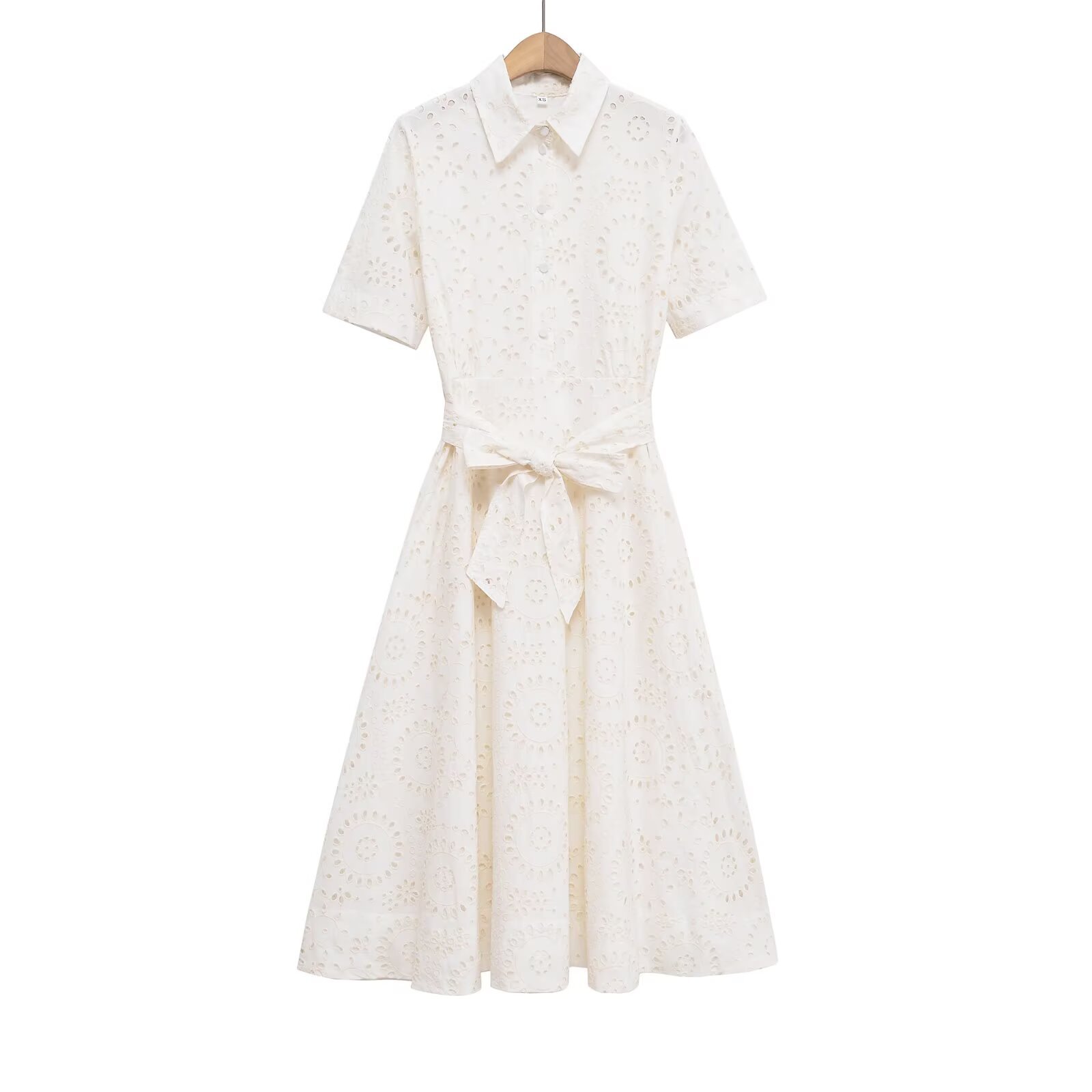 Poplin Shirt-style Lace-up Embroidery Dress