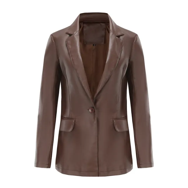 Single Button Commute Leisure Solid Color Leather Coat Brown - Shop at LoveMi