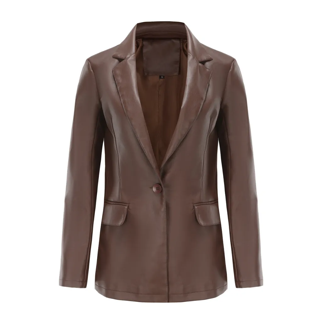 Single Button Commute Leisure Solid Color Leather Coat - Brown