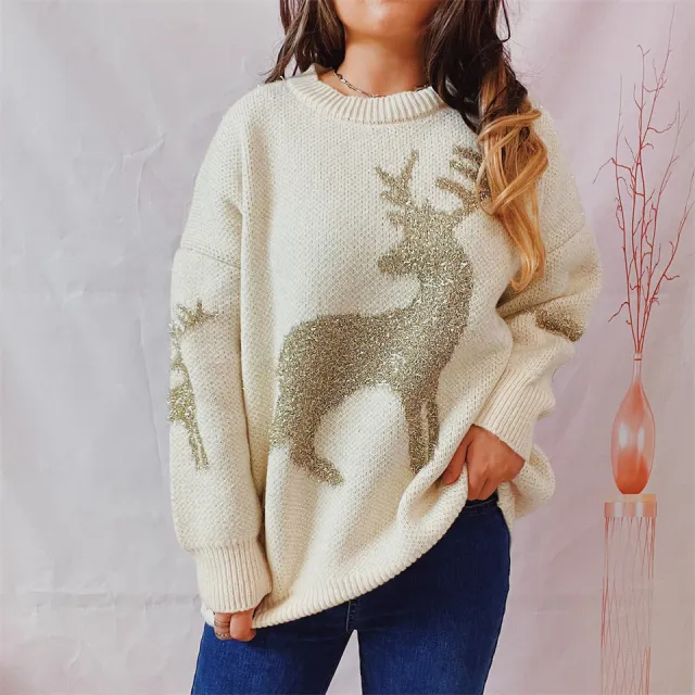 Women's Fashionable Loose Gold Jacquard Deer Pattern Round Neck Sweater Beige - Shop at LoveMi