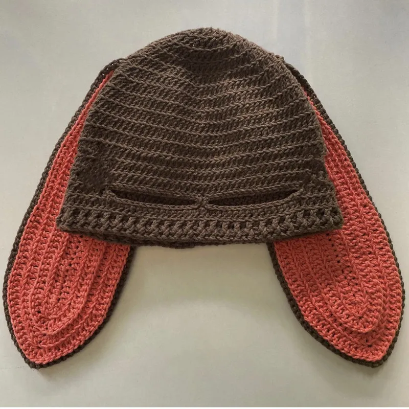 Handmade Knitted Pullover Rabbit Ear Hat Funny One-eye Exposed Mask Horn Hat Thermal And Windproof - Brown Red Rabbit Ears