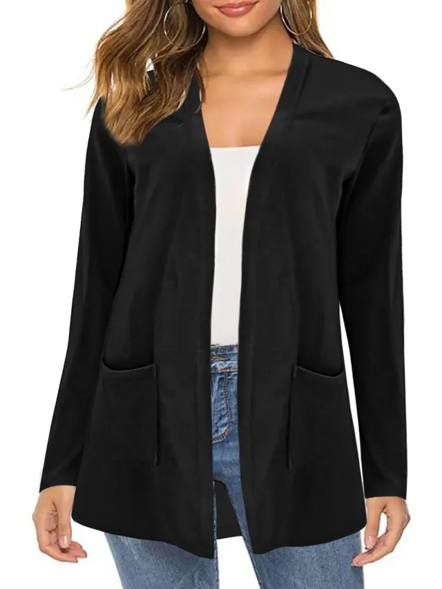Cardigan Pocket Coat Solid Color Long Sleeve Women Black - Shop at LoveMi