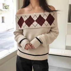 Sexy And Elegant Off-the-shoulder Loose Sweater - Khaki - View 1