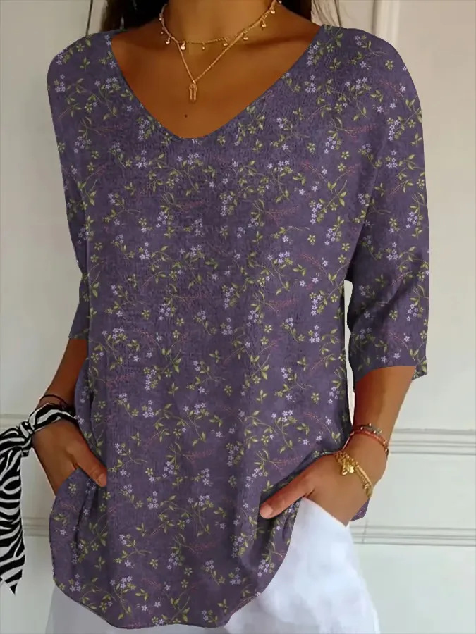 New 3D Printed Women's European And American Fashion Floral V-neck Shirt Top - Image 4