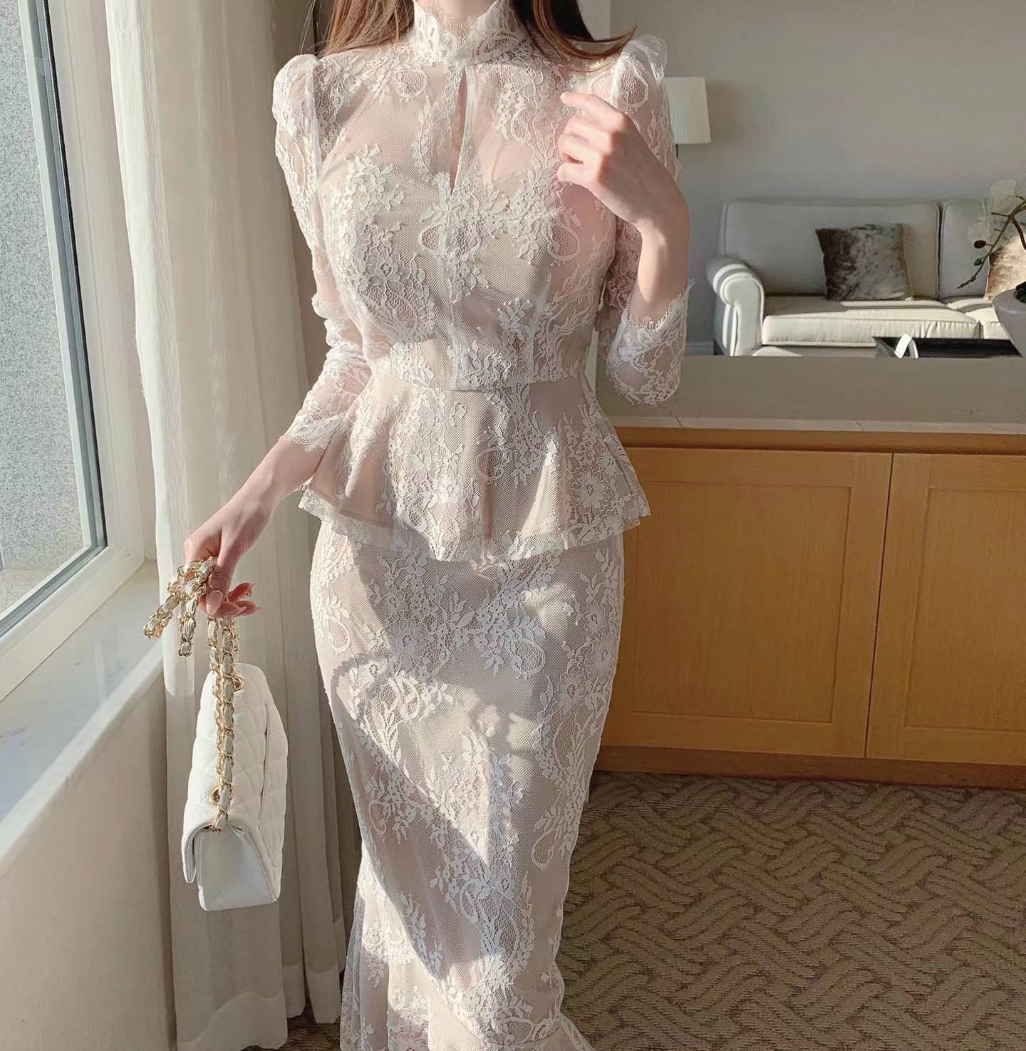 Graceful Stand Collar Hollow Lace Crocheted Design Shirt Ruffled Fishtail Hip Skirt Tan - Shop at LoveMi