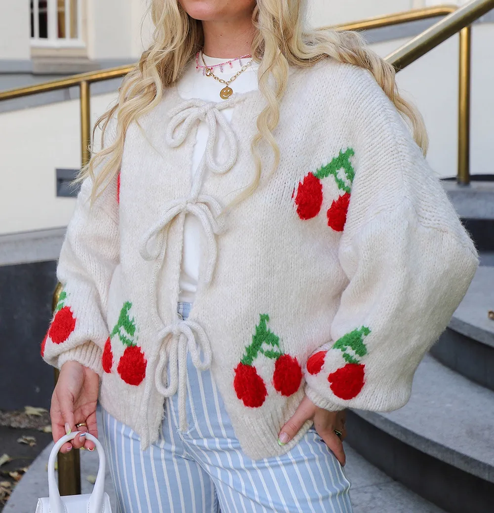 Cherry Embroidered Jacquard Cardigan Sweater For Women - White