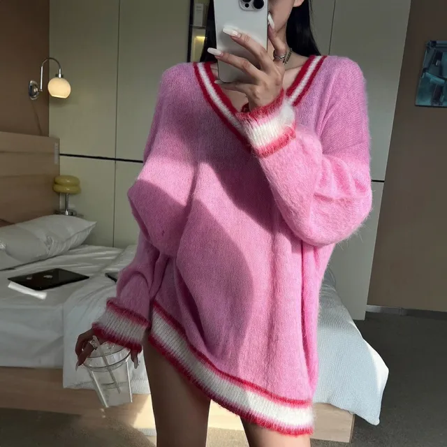 Knitwear V neck Long Pullover Flocking Mohair Autumn And Winter Sweater Rose Red - Shop at LoveMi