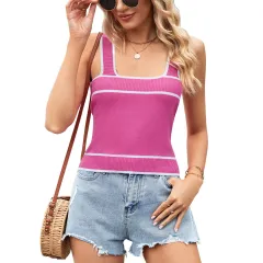 European And American Contrast Colour Knitted Sweater Short Midriff-baring Tank Top - Rose - View 1