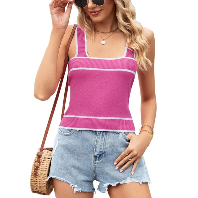 European And American Contrast Color Knitted Sweater Short Midriff baring Tank Top Rose - Shop at LoveMi