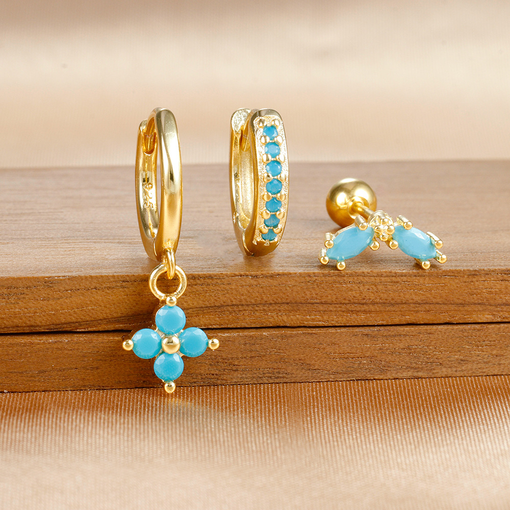 Flower Pine Blue Stone High-grade Light Luxury Zircon Earrings Suit