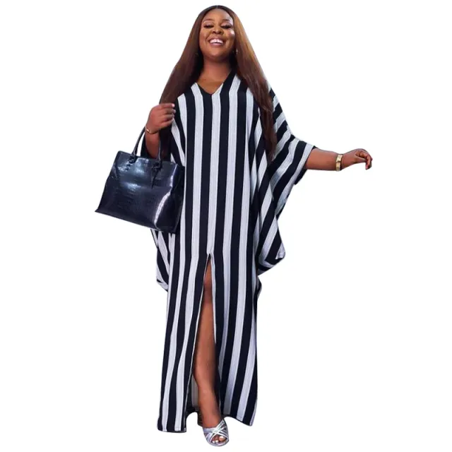 Womens Plus Size Loose Sexy Stylish And Elegant Striped Asymmetrical Dress Black - Shop at LoveMi