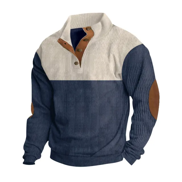Men's Casual Button Half open Stand Collar Coat Fashion Colorblock Sweater Navy - Shop at LoveMi