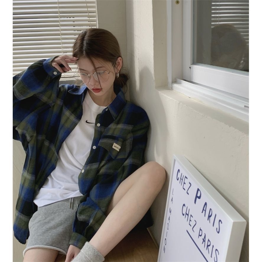 Retro Hong Kong Style Unique Chic Blouse Plaid Coat Shirt Women