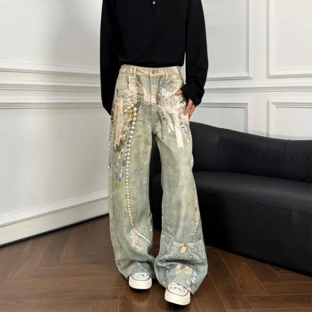 Pearl Lace Jeans Street Straight Loose Casual Blue - Shop at LoveMi