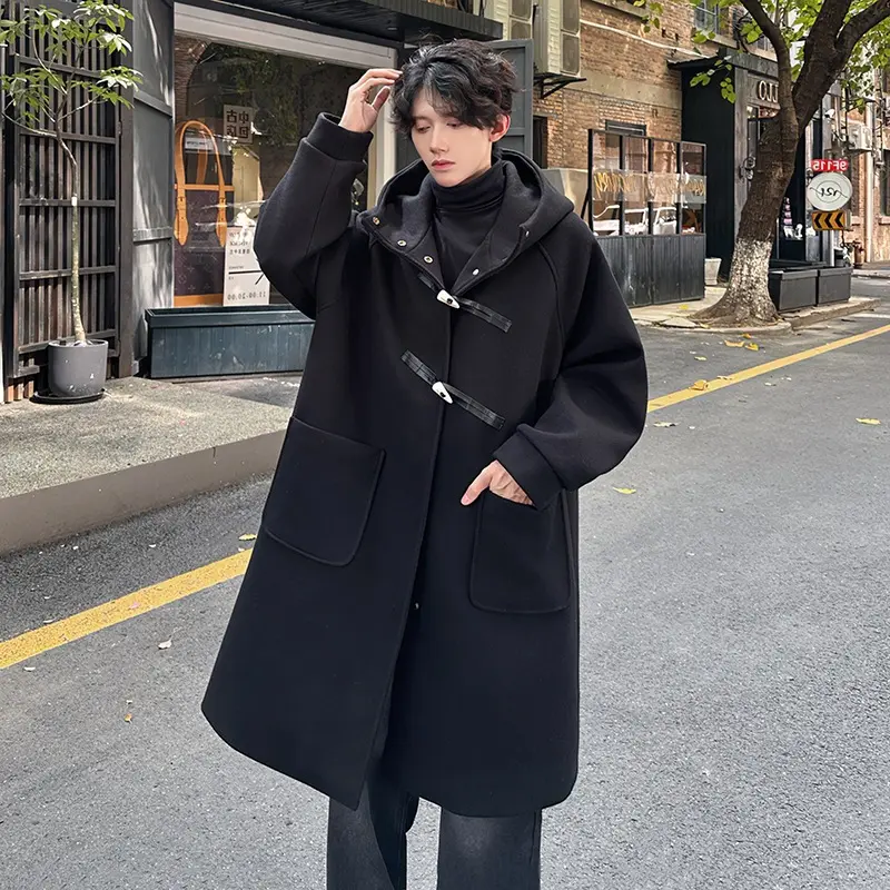 High-grade Woolen Horn Button Hooded Coat Mid-length