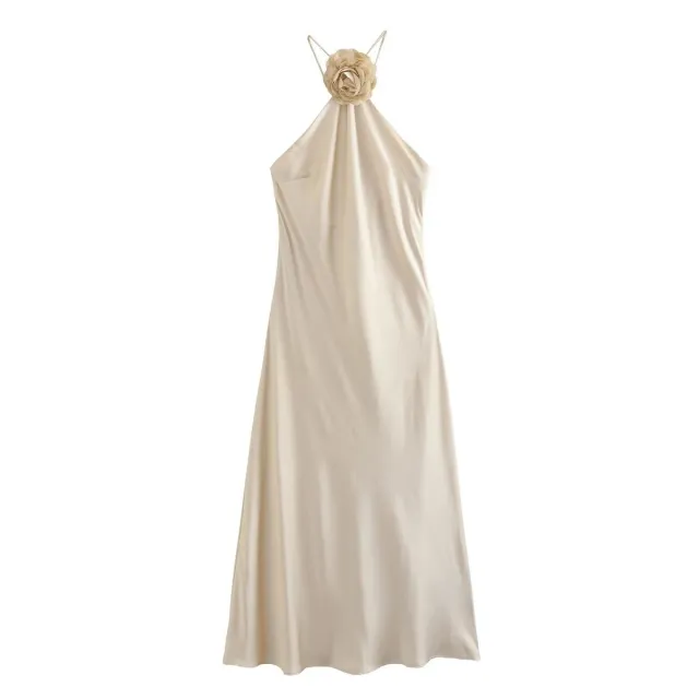 Summer Women Backless Applique Halter Spaghetti Straps Dress Apricot - Shop at LoveMi