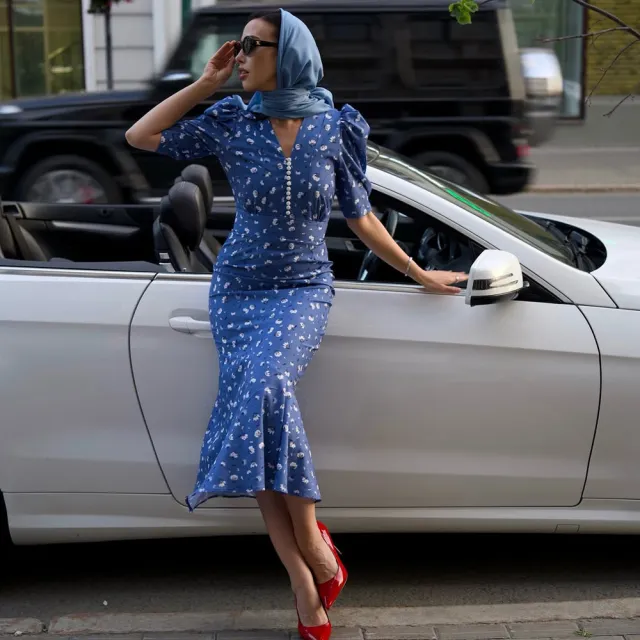 Retro Floral Elegant Figure flattering Fashion Dress Blue - Shop at LoveMi