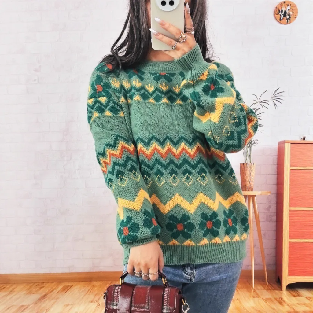 Vintage Jacquard Knitted Round Neck Long Sleeve Women's Sweater - Green